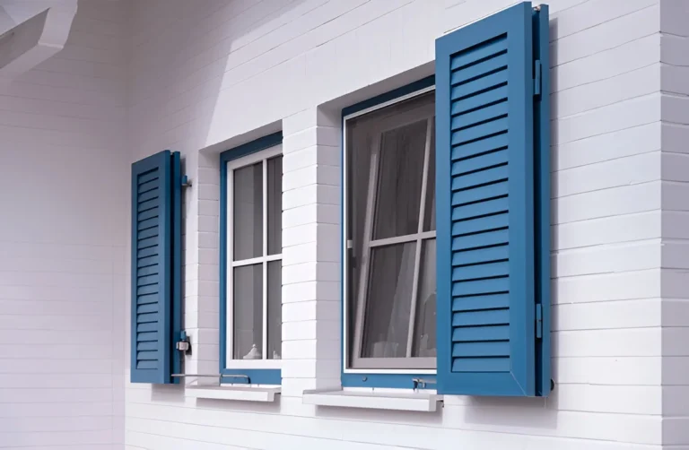 Blue café style shutters fitted to windows on a white house exterior