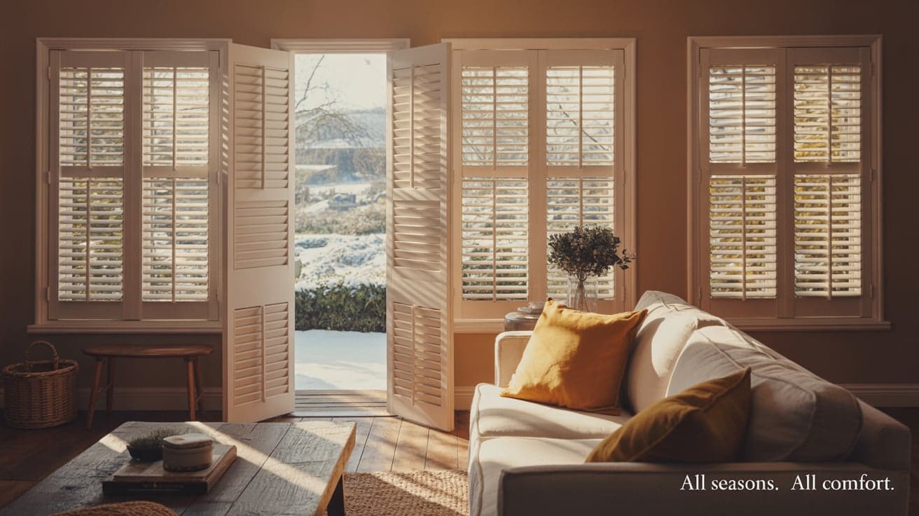 Living room with plantation shutters open to a snowy garden